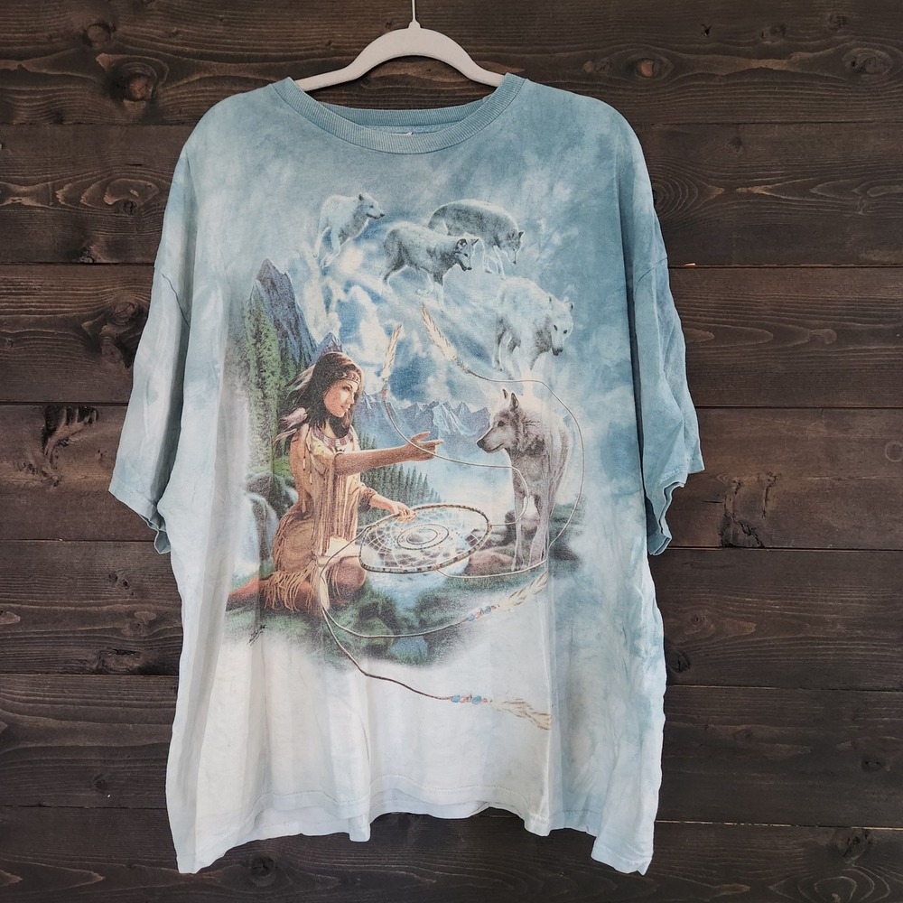 Vintage 2001 The Mountain Wolf Spirit Dreamcatcher Tie Dye T-Shirt 3XL Blue